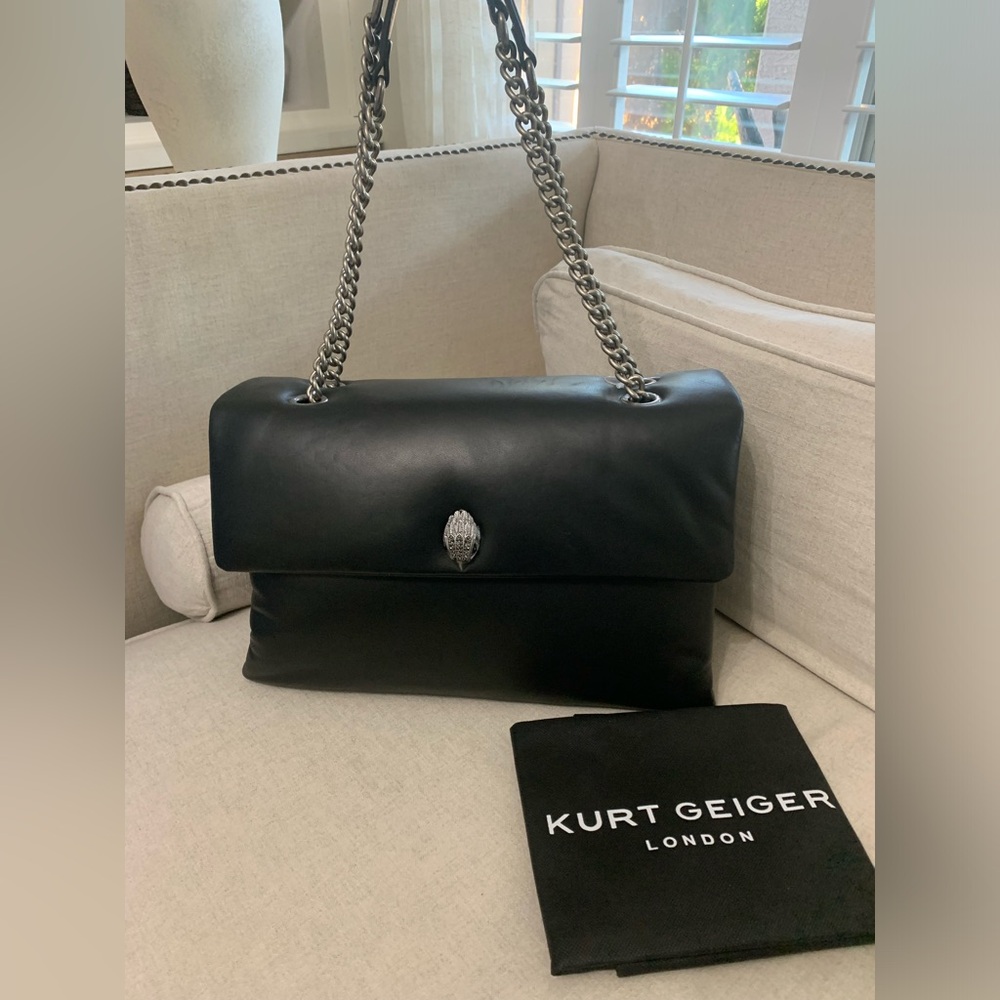 Kurt Geiger Black Leather Shoulder Bag with Silver Chain